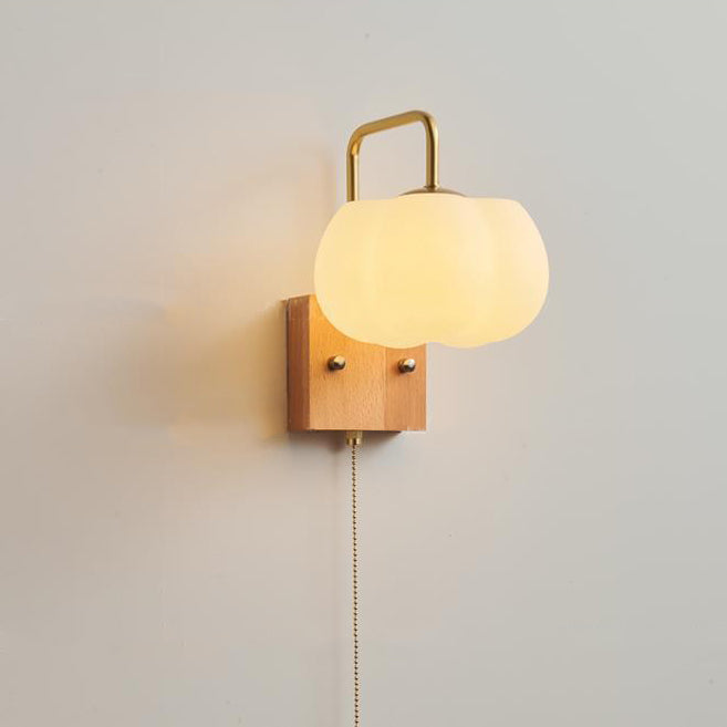 Contemporary Retro Straight Pole Pumpkin Shape PE Shade Square Wooden Base Iron 1-Light Wall Sconce Lamp For Bedroom