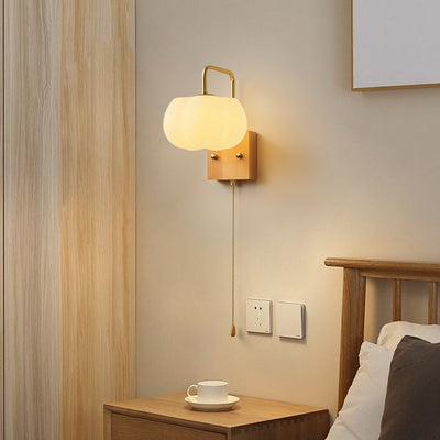 Contemporary Retro Straight Pole Pumpkin Shape PE Shade Square Wooden Base Iron 1-Light Wall Sconce Lamp For Bedroom