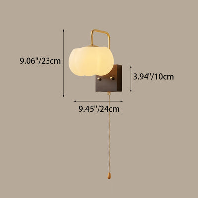 Contemporary Retro Straight Pole Pumpkin Shape PE Shade Square Wooden Base Iron 1-Light Wall Sconce Lamp For Bedroom