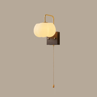 Contemporary Retro Straight Pole Pumpkin Shape PE Shade Square Wooden Base Iron 1-Light Wall Sconce Lamp For Bedroom