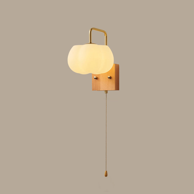 Contemporary Retro Straight Pole Pumpkin Shape PE Shade Square Wooden Base Iron 1-Light Wall Sconce Lamp For Bedroom