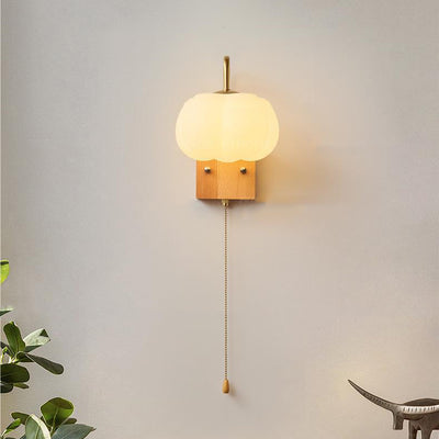 Contemporary Retro Straight Pole Pumpkin Shape PE Shade Square Wooden Base Iron 1-Light Wall Sconce Lamp For Bedroom