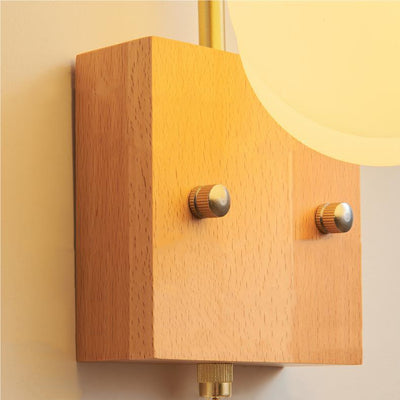 Contemporary Retro Straight Pole Pumpkin Shape PE Shade Square Wooden Base Iron 1-Light Wall Sconce Lamp For Bedroom