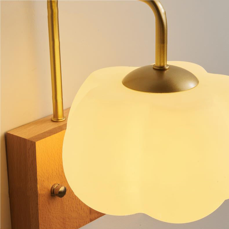 Contemporary Retro Straight Pole Pumpkin Shape PE Shade Square Wooden Base Iron 1-Light Wall Sconce Lamp For Bedroom