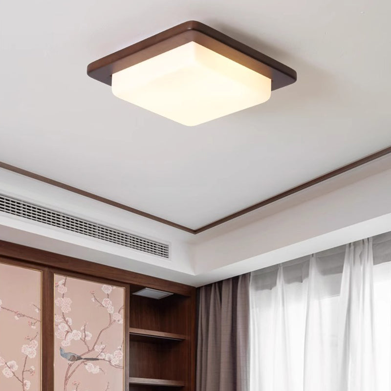 Traditional Chinese Square Solid Wood Acrylic Shade LED Flush Mount Ceiling Light For Bedroom