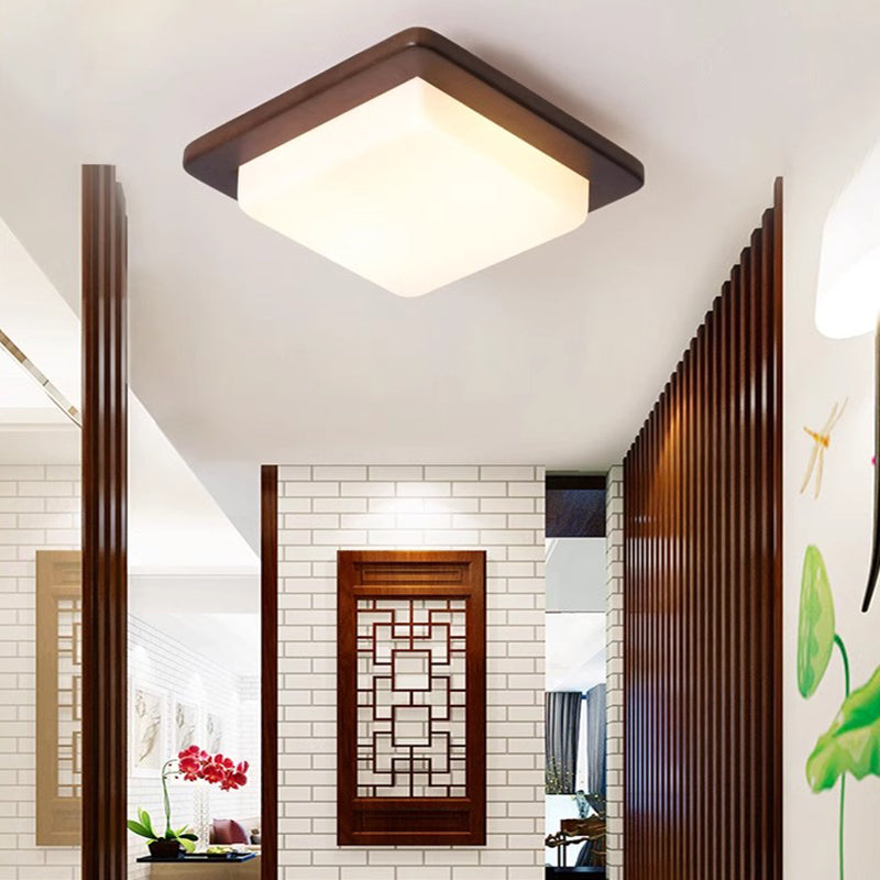 Traditional Chinese Square Solid Wood Acrylic Shade LED Flush Mount Ceiling Light For Bedroom