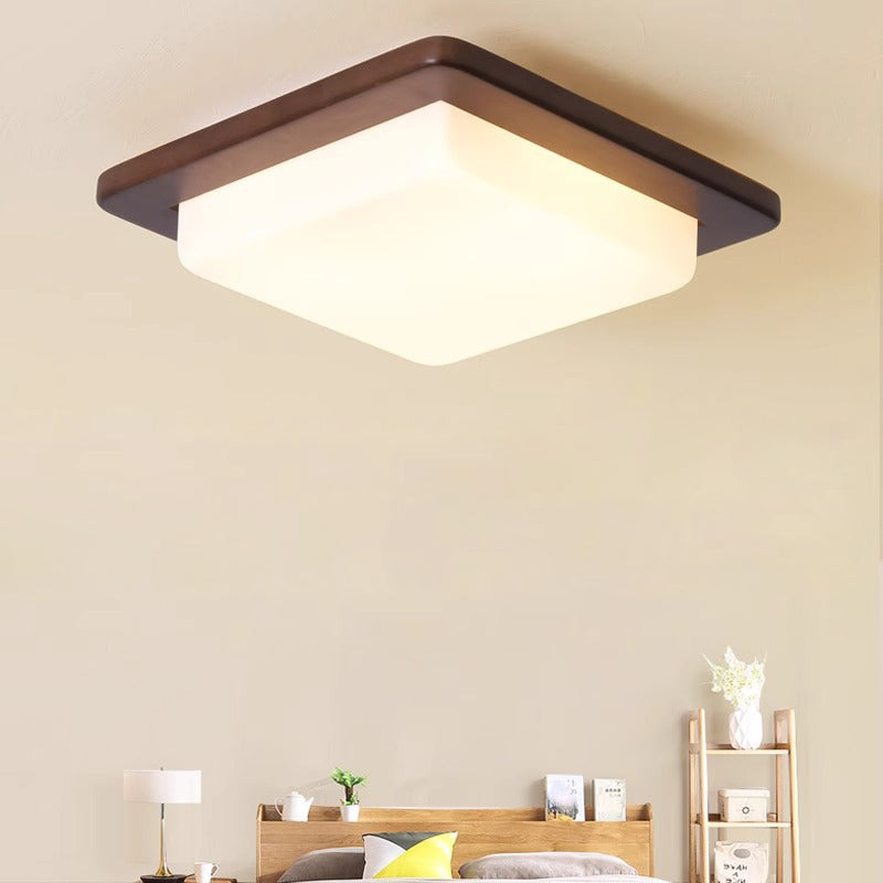 Traditional Chinese Square Solid Wood Acrylic Shade LED Flush Mount Ceiling Light For Bedroom