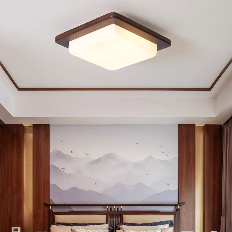 Traditional Chinese Square Solid Wood Acrylic Shade LED Flush Mount Ceiling Light For Bedroom