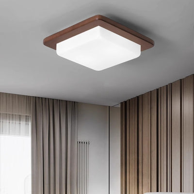 Traditional Chinese Square Solid Wood Acrylic Shade LED Flush Mount Ceiling Light For Bedroom