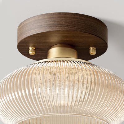 Traditional Chinese Round Oval Striped Glass Wooden Base 1-Light Semi-Flush Mount Ceiling Light For Living Room