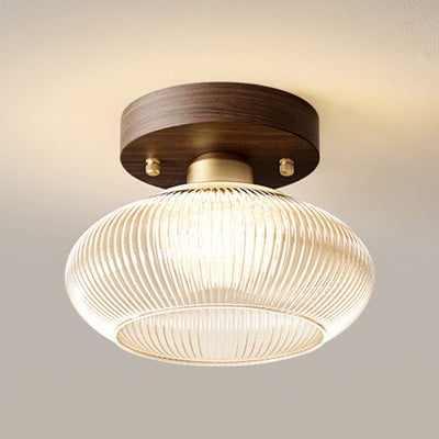 Traditional Chinese Round Oval Striped Glass Wooden Base 1-Light Semi-Flush Mount Ceiling Light For Living Room