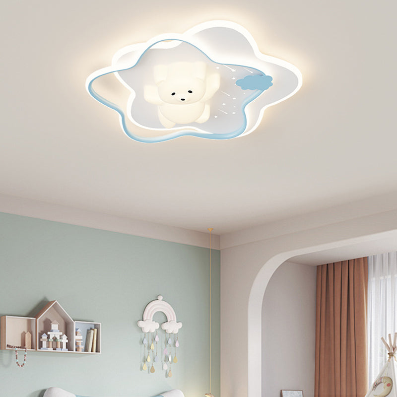 Contemporary Creative Kids Star Moon Rabbit Bear Iron Plastic LED Flush Mount Ceiling Light For Bedroom