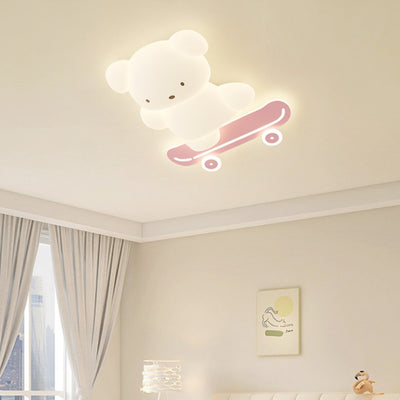 Contemporary Creative Kids Bear Skateboard Iron PE LED Flush Mount Ceiling Light For Bedroom