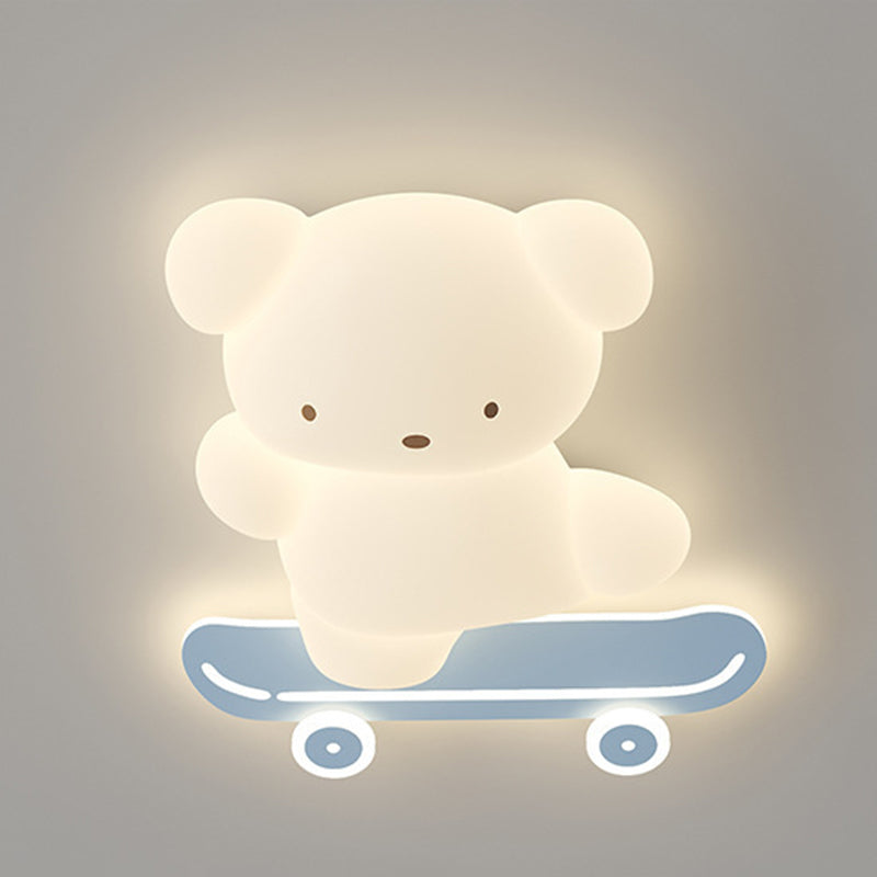 Contemporary Creative Kids Bear Skateboard Iron PE LED Flush Mount Ceiling Light For Bedroom