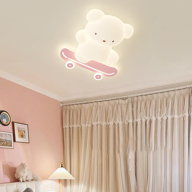 Contemporary Creative Kids Bear Skateboard Iron PE LED Flush Mount Ceiling Light For Bedroom