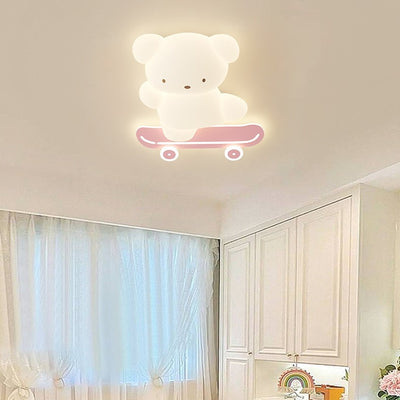 Contemporary Creative Kids Bear Skateboard Iron PE LED Flush Mount Ceiling Light For Bedroom