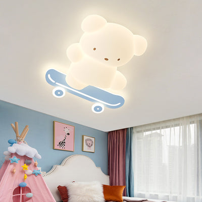 Contemporary Creative Kids Bear Skateboard Iron PE LED Flush Mount Ceiling Light For Bedroom