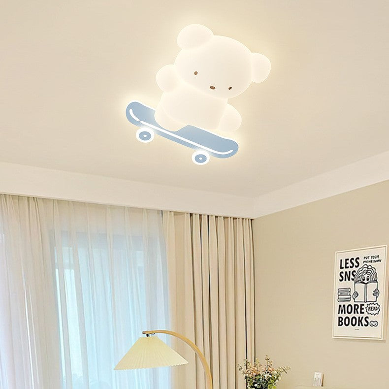 Contemporary Creative Kids Bear Skateboard Iron PE LED Flush Mount Ceiling Light For Bedroom