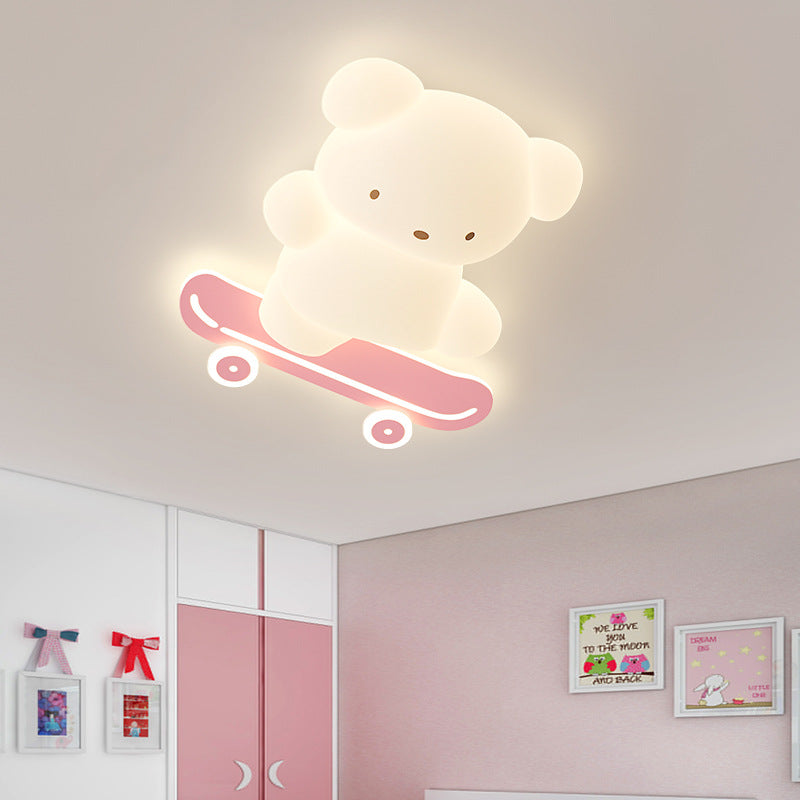 Contemporary Creative Kids Bear Skateboard Iron PE LED Flush Mount Ceiling Light For Bedroom