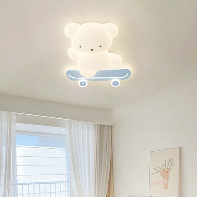 Contemporary Creative Kids Bear Skateboard Iron PE LED Flush Mount Ceiling Light For Bedroom