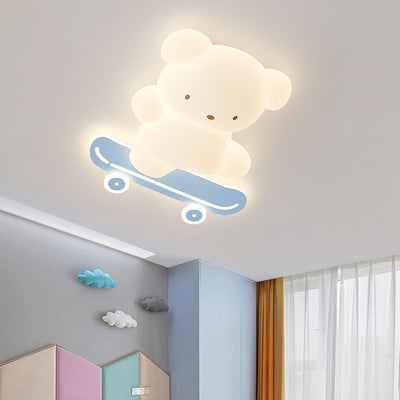 Contemporary Creative Kids Bear Skateboard Iron PE LED Flush Mount Ceiling Light For Bedroom