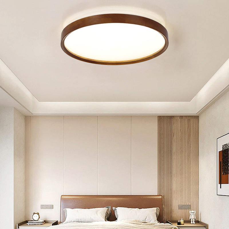 Modern Minimalist Round Wood Iron PC Shade LED Flush Mount Ceiling Light For Bedroom