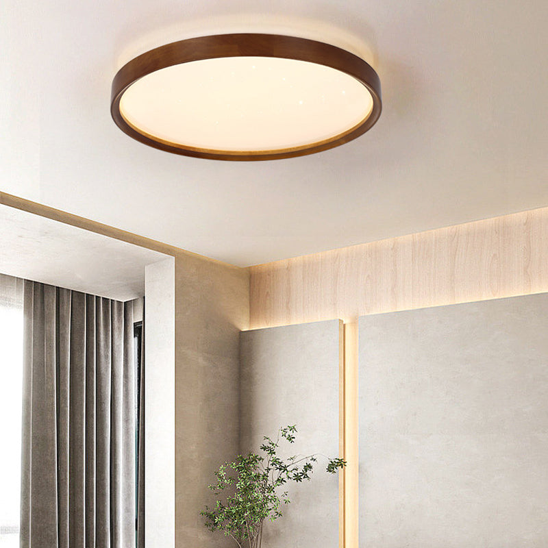 Modern Minimalist Round Wood Iron PC Shade LED Flush Mount Ceiling Light For Bedroom