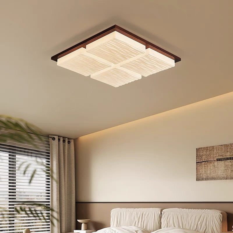 Modern Minimalist Square Rectangle Wood Acrylic LED Flush Mount Ceiling Light For Living Room