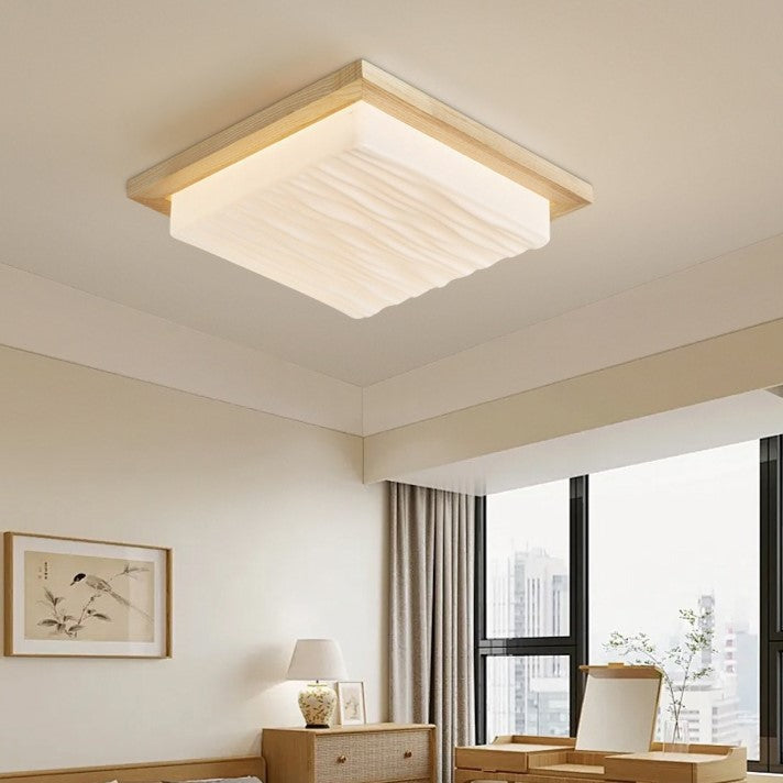 Modern Minimalist Square Rectangle Wood Acrylic LED Flush Mount Ceiling Light For Living Room