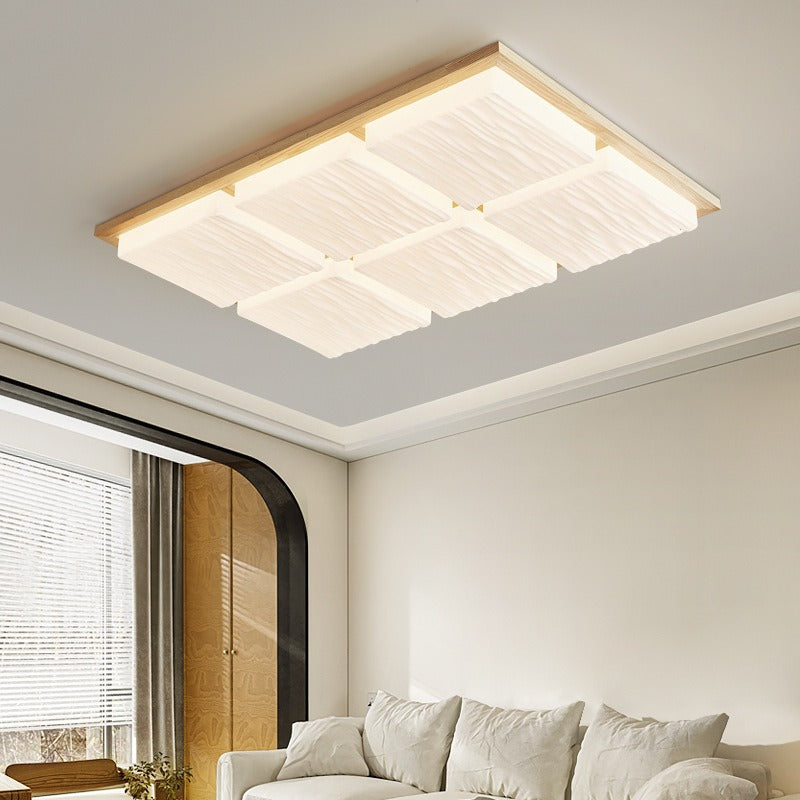 Modern Minimalist Square Rectangle Wood Acrylic LED Flush Mount Ceiling Light For Living Room