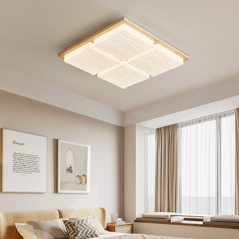 Modern Minimalist Square Rectangle Wood Acrylic LED Flush Mount Ceiling Light For Living Room