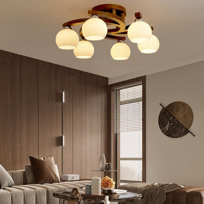 Contemporary Retro Round Dome Branch Solid Wood Frame Glass Shade 3/4/6 Light Semi-Flush Mount Ceiling Light For Living Room