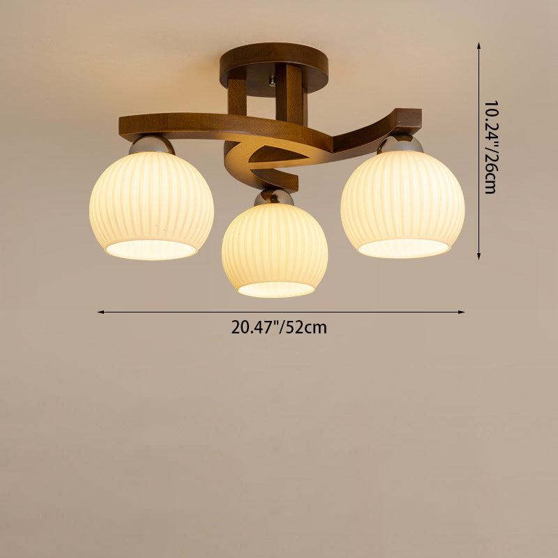 Contemporary Retro Round Dome Branch Solid Wood Frame Glass Shade 3/4/6 Light Semi-Flush Mount Ceiling Light For Living Room