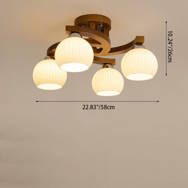 Contemporary Retro Round Dome Branch Solid Wood Frame Glass Shade 3/4/6 Light Semi-Flush Mount Ceiling Light For Living Room