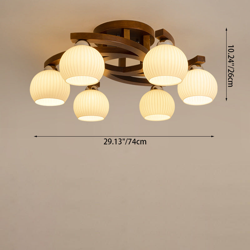 Contemporary Retro Round Dome Branch Solid Wood Frame Glass Shade 3/4/6 Light Semi-Flush Mount Ceiling Light For Living Room