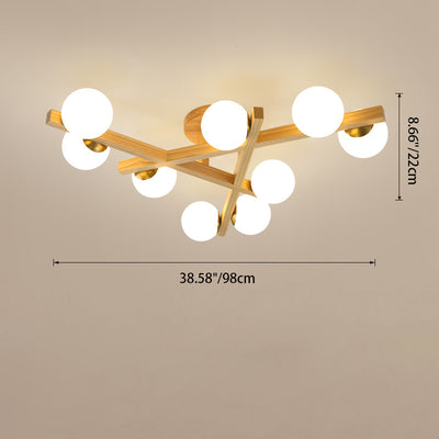 Traditional Chinese Long Round Ball Wooden Copper Frame Glass Shade 3/6/9 Light Semi-Flush Mount Ceiling Light For Living Room