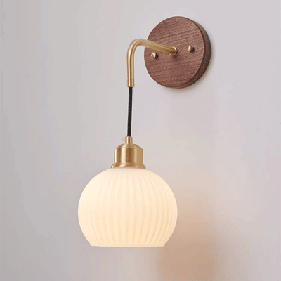 Contemporary Retro Round Dome Striped Glass Shade Copper Wood 1-Light Wall Sconce Lamp For Bedroom