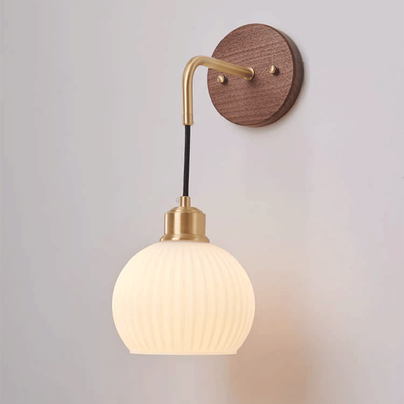 Contemporary Retro Round Dome Striped Glass Shade Copper Wood 1-Light Wall Sconce Lamp For Bedroom