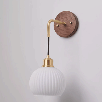 Contemporary Retro Round Dome Striped Glass Shade Copper Wood 1-Light Wall Sconce Lamp For Bedroom