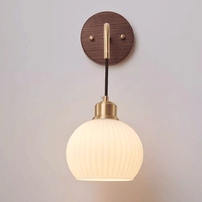 Contemporary Retro Round Dome Striped Glass Shade Copper Wood 1-Light Wall Sconce Lamp For Bedroom