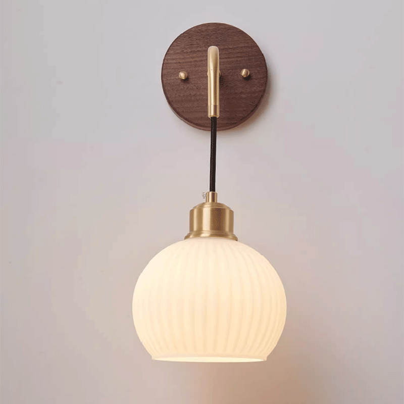 Contemporary Retro Round Dome Striped Glass Shade Copper Wood 1-Light Wall Sconce Lamp For Bedroom