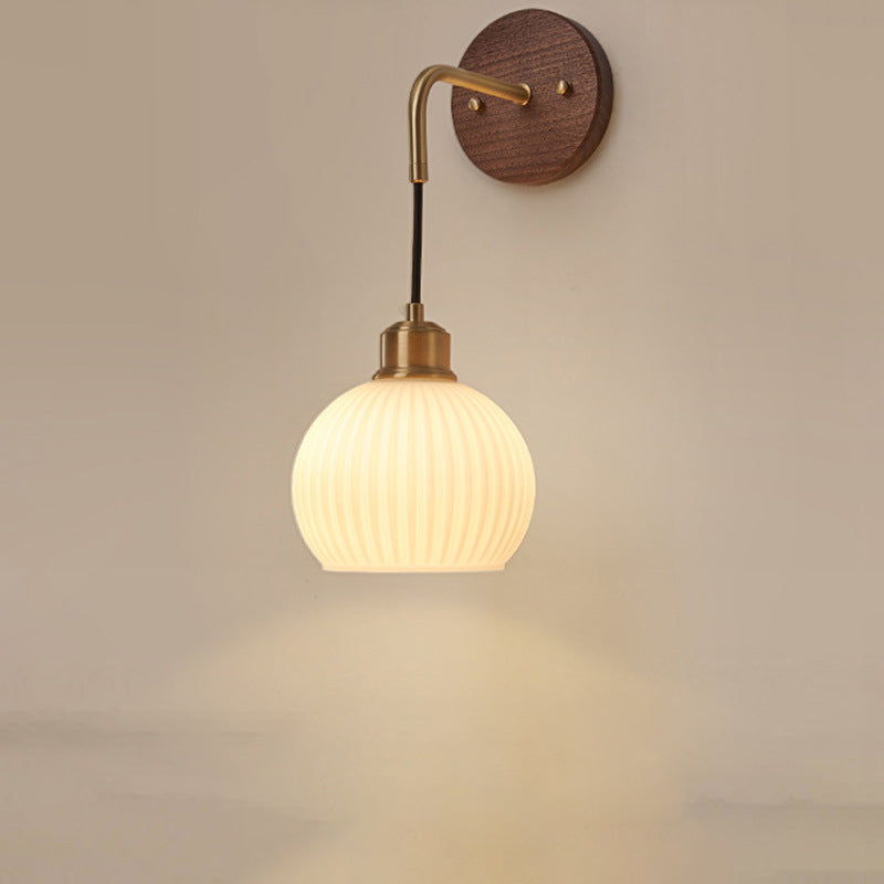 Contemporary Retro Round Dome Striped Glass Shade Copper Wood 1-Light Wall Sconce Lamp For Bedroom