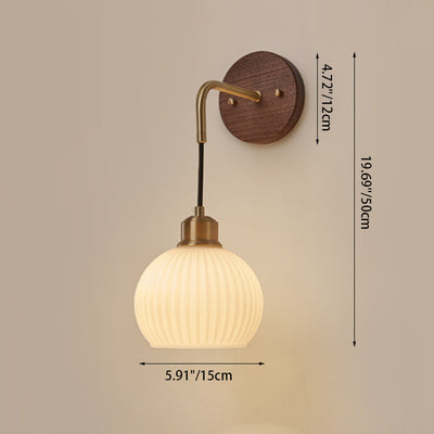 Contemporary Retro Round Dome Striped Glass Shade Copper Wood 1-Light Wall Sconce Lamp For Bedroom