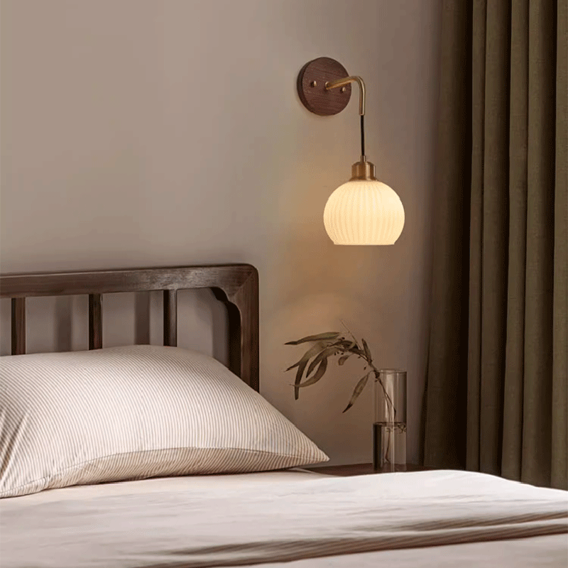 Contemporary Retro Round Dome Striped Glass Shade Copper Wood 1-Light Wall Sconce Lamp For Bedroom