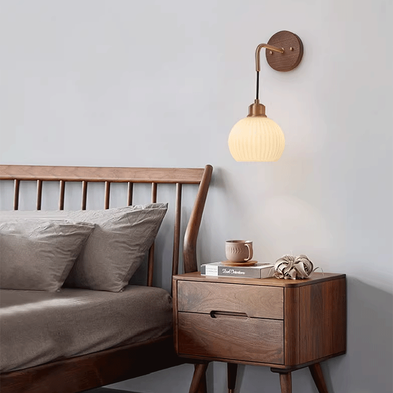 Contemporary Retro Round Dome Striped Glass Shade Copper Wood 1-Light Wall Sconce Lamp For Bedroom