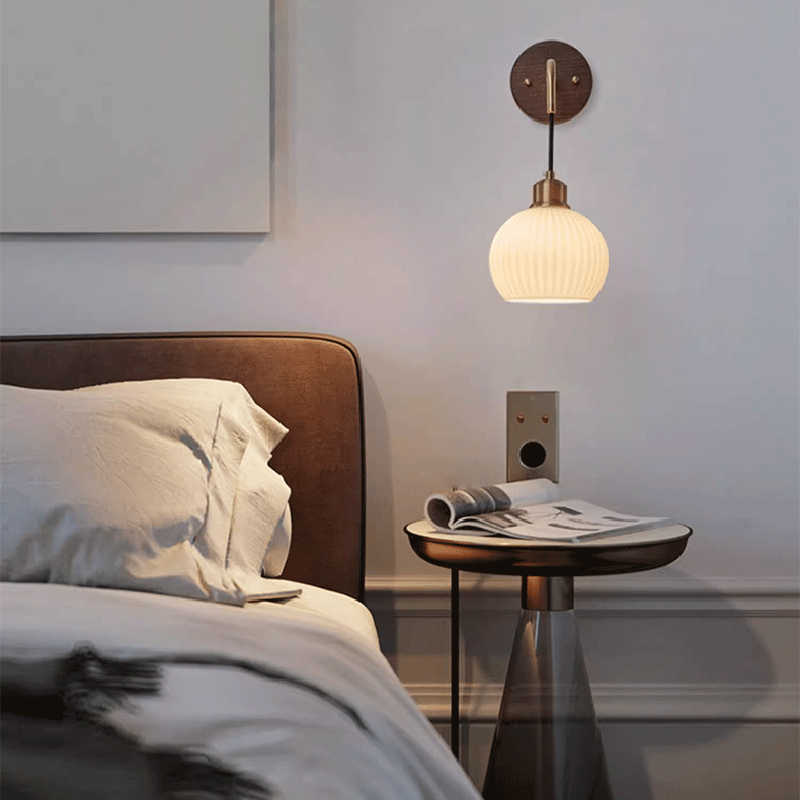 Contemporary Retro Round Dome Striped Glass Shade Copper Wood 1-Light Wall Sconce Lamp For Bedroom