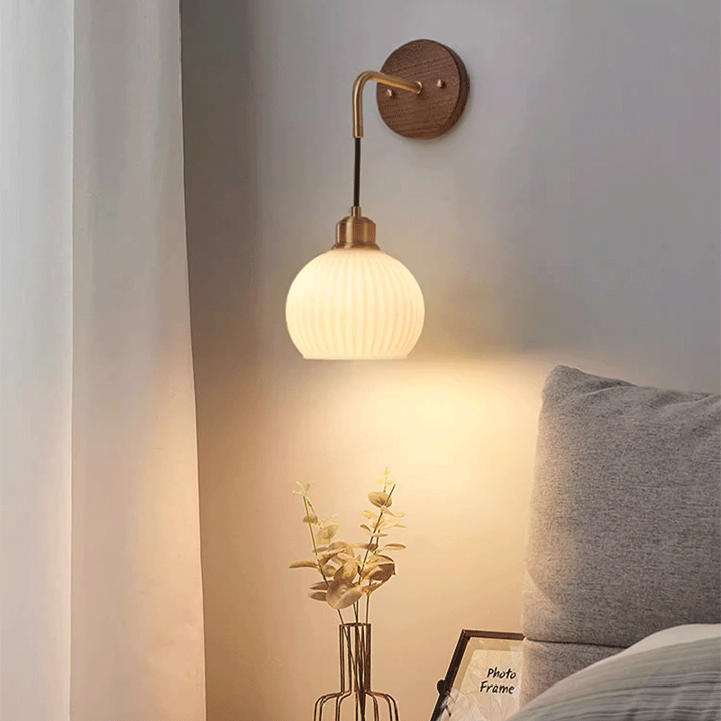 Contemporary Retro Round Dome Striped Glass Shade Copper Wood 1-Light Wall Sconce Lamp For Bedroom