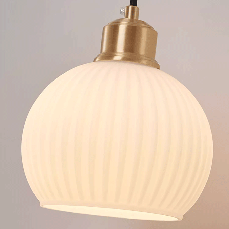 Contemporary Retro Round Dome Striped Glass Shade Copper Wood 1-Light Wall Sconce Lamp For Bedroom