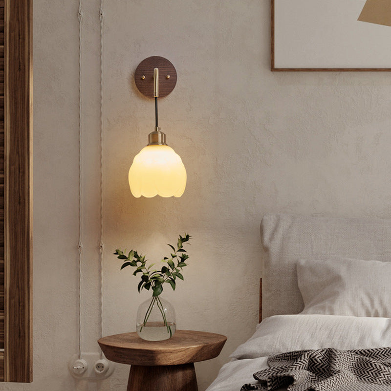 Contemporary Retro Oval Flower Glass Shade Copper Wood 1-Light Wall Sconce Lamp For Bedroom