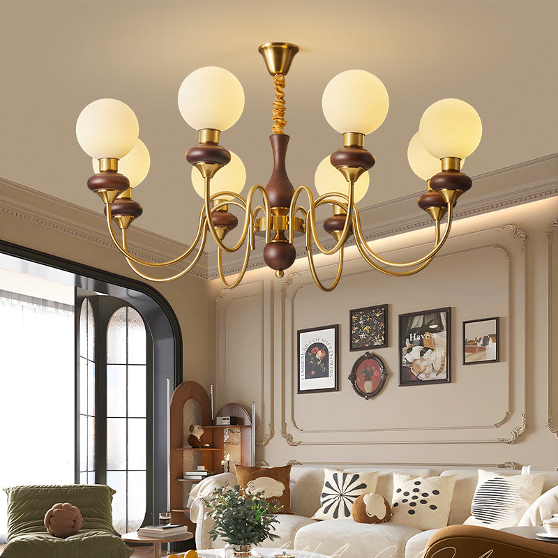 Contemporary Retro Curved Rod Candelabra Round Globe Iron Wood Frame Glass Shade 3/6/8 Light Chandelier For Living Room